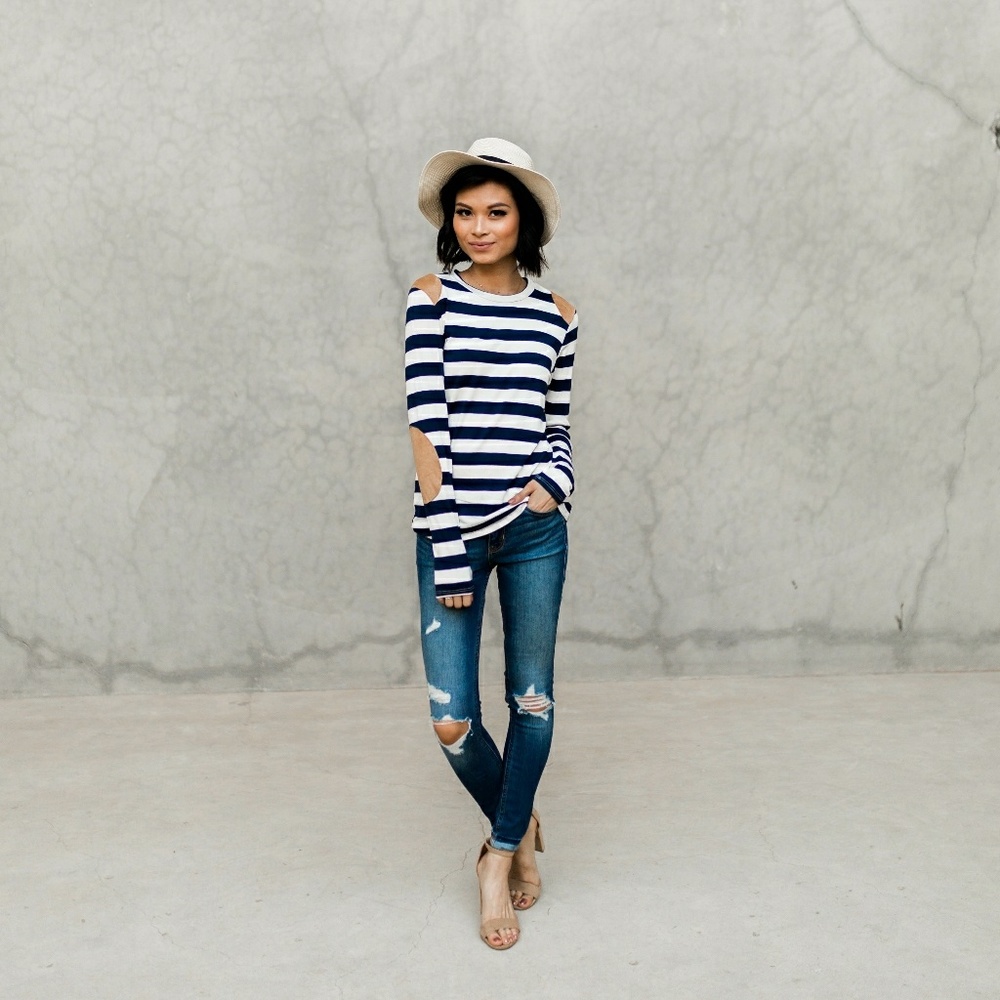Striped Elbow Patch Top